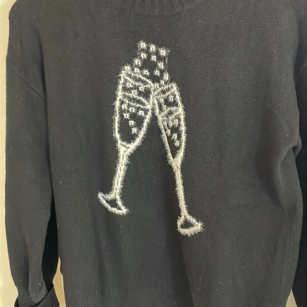 NWOT LOFT Black Sweater with Toasting Glasses Design